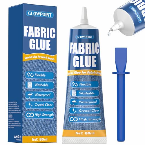 GLOWPOINT 80ml Fabric Glue, Extra Strong Fabric Glue for Clothes, Crafts, Upholstery, Material, Textile, Felt, and Badges, Clear, Machine Washable, No Sew Permanent Bond Fabric Adhesive 1 Pack