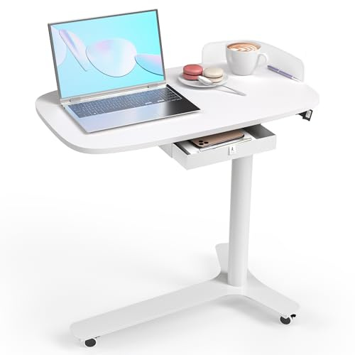 WALKINGDESK Table de Lit Ordinateur Portable avec 3 Roulette, Bureau Réglable en Hauteur, 75 X 45cm Table d'appoint, Pied à Gaz Table Roulante de Lit Mobile pour Canapé, Lecture ou Travail, Blanc