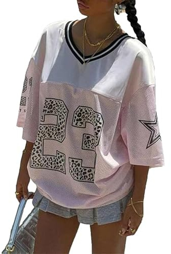 SANSIWU Shirts für Damen, Y2k, übergroße Zahlen-Grafik, V-Ausschnitt, kurzärmelig, Trikot-T-Shirt, Vintage, 90er-Jahre-Streetwear, S