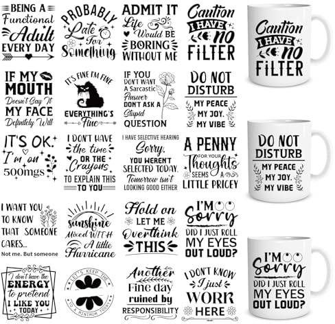Eiapadeor 20Pcs Sarcastic Rub on Transfers for Crafts Funny UV DTF Cup Wrap | 3.1x3.1 inches, Black Humorous Theme UVDTF Wraps, Waterproof Rub on Decals for DIY Glass Cups Mug Tumbler