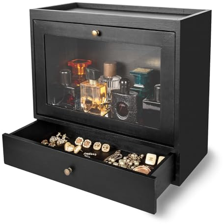 Cokritsm Organizzatore di profumi in legno con vetrina in acrilico e cassetto - Portaprofumi, gioielli e cosmetici, ideale per camera da letto o bagno (nero)