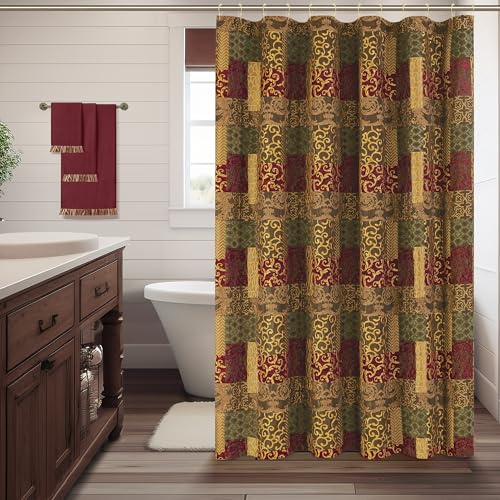Loom and Mill Damask Fabric Shower Curtain Set, Patchwork Bathroom Shower Curtain Sets with 12 Metal Hooks, Waterproof Heavy Duty Bathroom Curtains for Home Decor Wall Divider 72 W x 72 L, Red&Gold