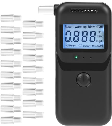 QWORK® Alcoholímetro Precisas con 20 Boquillas Intercambiables - Sensor Avanzado, Pantalla Digital LCD Azul, Portátil para Uso Doméstico y Profesional