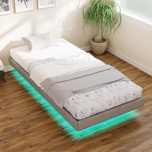 RVONOW Floating 3ft Single Bed Frame with LED Lights, 90x190cm Metal Platform Bed Frame with Under Bed Storage, Heavy Duty Steel Slats Support, No Box Spring Needed, Noise Free, Easy Assembly, Grey