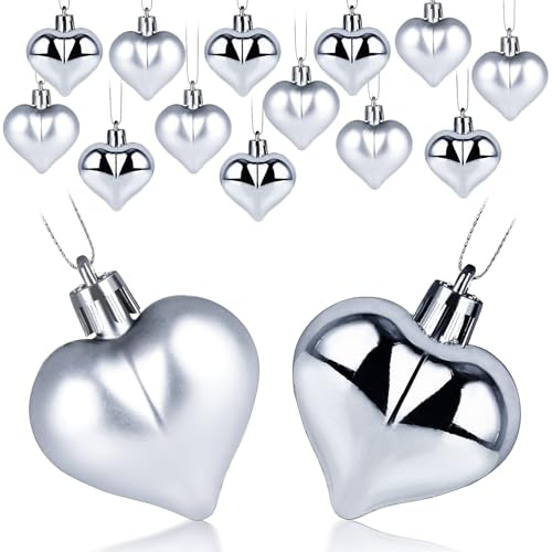 Alla hjärtans dag hjärta ornament, 12 st julgranskulor, hjärtformade, litet hjärtkulor, romantisk dekoration för alla hjärtans dag, bröllop och bröllopsdagar (silver)