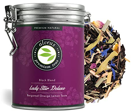 Lady Star Deluxe Earl Grey Tee Lose, Schwarzer Tee in Dose mit Bergamotte Orange Zitronen Geschmack, 100 Gramm Schwarztee Aromatisiert (ca. 40 Tassen) von alveus