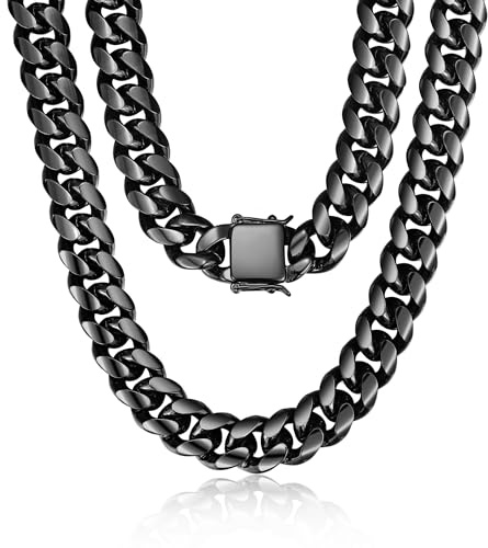 ROWIN&CO Collier Homme Chaîne Cubaine Noire 15mm Grosse Maille Acier Inoxydable 316L Lourd Collier Noir Épais pour Homme/Femme (18-35) - Cadeau avec Boîte (18 Pouces)