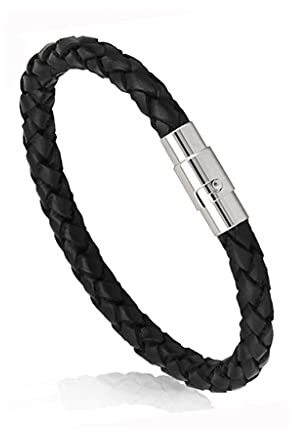Branets Black Genuine Leather Bracelets Rope for Men Wrist Band Stainless Steel Trigger Clasp Bracelets for Mens and Boys