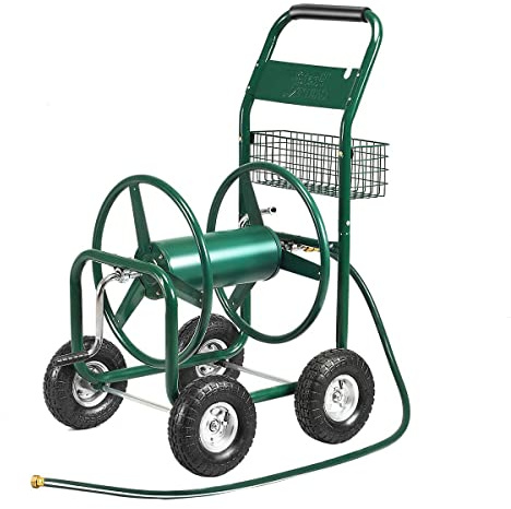 GYMAX Carrello Avvolgitubo da Giardino in Metallo e Gomma,con Ruote e Cestello