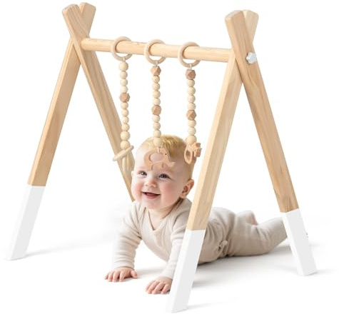 COSTWAY Baby Spielbogen Holz, Spieltrapez klappbar, Baby Gym mit 3 abnehmbaren Kinderspielzeugen, Spieltrapez für Babys über 3 Monate, Holzspielzeug zur Gehirnentwicklung (Weiß)