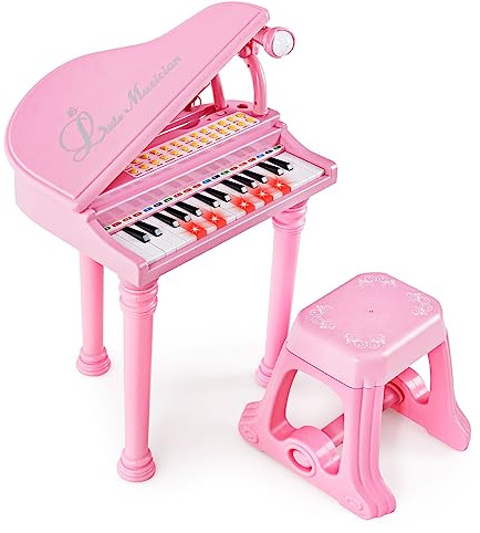 COSTWAY Piano Numérique 31 Touches pour Enfants avec Tabouret & Microphone, Piano Electronique Portable avec Mode d'Enseignement LED & MP3, Piano Enfants 3 Ans, Charge 50kg (31 Touches, Rose)