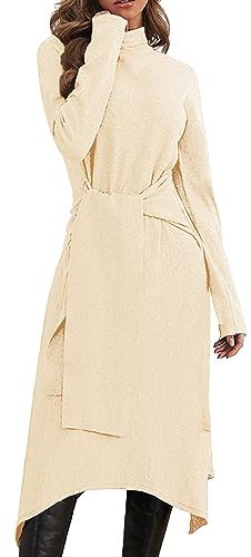 JayscreateEU Robe d'hiver en tricot pour femme - Robe d'automne - Robe midi - Robe pull avec col roulé - Manches longues - Avec ceinture - Robe chaude - Ligne A, Abricot, XL