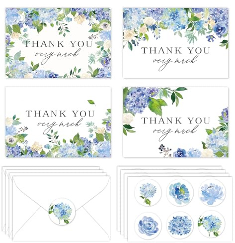 Whaline 32Pcs Floral Thank You Cards Hydrangea Flowers Blank Greeting Cards Watercolor Blue Note Cards with Envelopes and Stickers for Wedding Birthday Baby Shower Party Supplies, 4 x 6 Inch