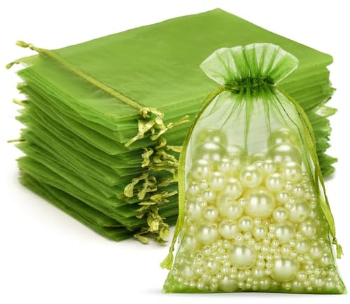 G2PLUS Sage Green Organza Gift Pouches 10x15 cm: Medium Favor Bags, 50 PCS | Wedding Jewelry Bags, Clear Mesh Pouches for Wedding, Christmas, Birthday, Anniversary