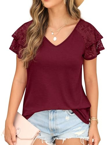 QIXING Women's Summer Tops Short Sleeve Blouses Double Lace Ruffle V Neck Ladies T Shirts Tunic Tops for Women UK