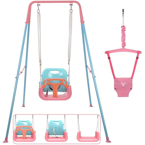 Taleco Gear 2 in 1 Toddler Swing ＆ Jumper, Swing Set for Indoor/Outdoor, Baby Jumpers and Bouncers, Easy to Assemble & Store, Suitable for Children 6 Months and Older (Pink)