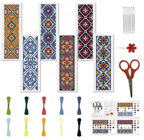 FREEBLOSS 6 Juegos de Kits de Marcapáginas de Punto de Cruz, Kit de Bordado a Mano para Principiantes, Patrones Decorativos Tradicionales, Kit de Punto de Cruz Contado, Kit Completo de Bordado de