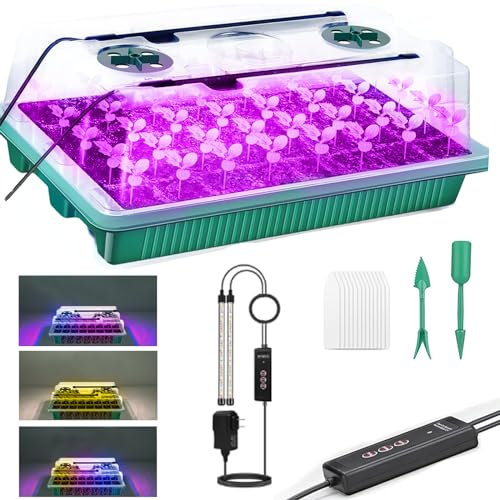 Zimmergewächshaus Anzuchtkasten mit Pflanzenlampe, 40 Zellen Gewächshaus Anzucht Set mit Timing-Controller einstellbare Helligkeit für Pflanzenwachstum und Saatgutkeimung