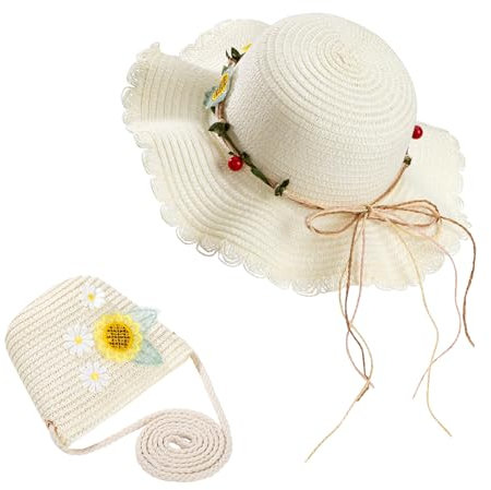 ZLLkeji Strohhut und Kleine Tasche Set,Sonnenhüte und Mini niedliche Handtasche Sets Mädchen Geraffte Strohhut mit Blumen für Kinder Sommer Strand Outdoor-Aktivitäten