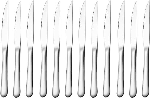 ALLBASA Couteaux Steak, Couteaux de table, Couteau viande Cuisine, Couteaux a steak en acier inoxydable avec Lame Dentelée (Lot de 12pcs, Couteaux de Steak)