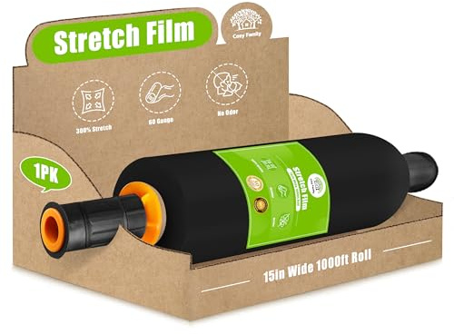Cosy Family Plastic Wrap Stretch Film Roll - 1000ft 60 Gauge Industrial Strength 15 inch Wide Plastic Wrap Roll with Handles for Pallet Wrapping Shipping Moving - Black, Pack of 1