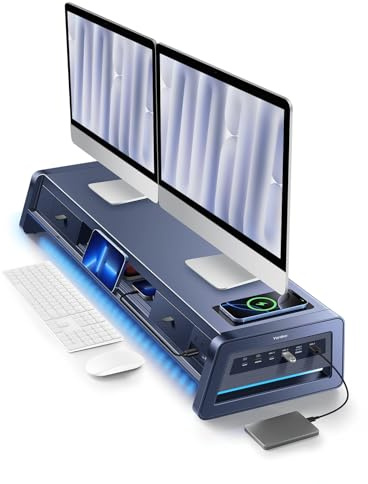 VAYDEER Monitorständer 2 Monitore Bildschirm Stand [Multi-USB] [Handy-Ständer] [4 LED Modi] [Schublade] [Kabel Organizer] Schreibtisch Erhöhung Zubehör Tischaufsatz für Laptop Computer 50kg Dunkelblau