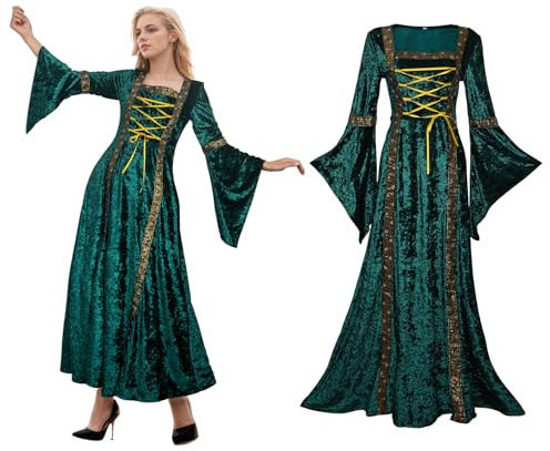 YORDET Vestido medieval de terciopelo para mujer, disfraz renacentista, estilo victoriano, vintage, para fiesta de cosplay (Verde, XL)