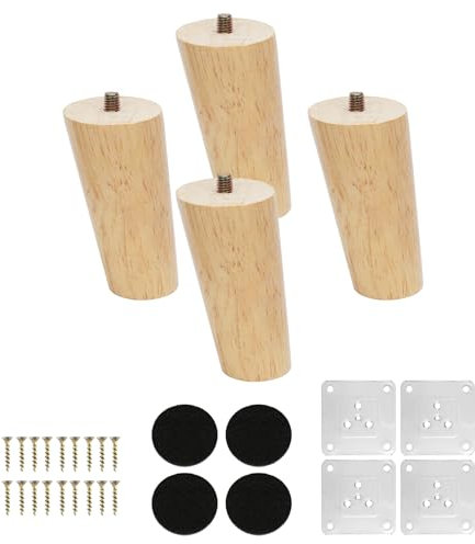 KINDPMA 4 Piezas Patas de Madera para Muebles 10cm Patas para Sofas Patas para Mesitas de Noche con Placas de Montaje, Tornillos y Almohadillas para Sofá, TV, Armario, Cama, Mesa