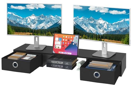 OYRREU Supporto Monitor Scrivania, Supporto 2 Monitor Rialzo Monitor da Scrivania, Supporto per Monitor con Cassetto, Supporto Schermo PC Laptop Computer Monitor Stand Accessori Scrivania (Nero)