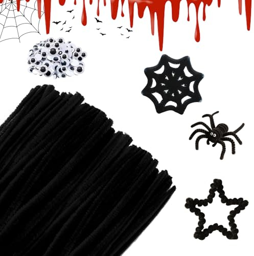 APKOL Set med 200 rörpetare, svart, 30 cm, chenillegarn, gör-det-själv, halloween