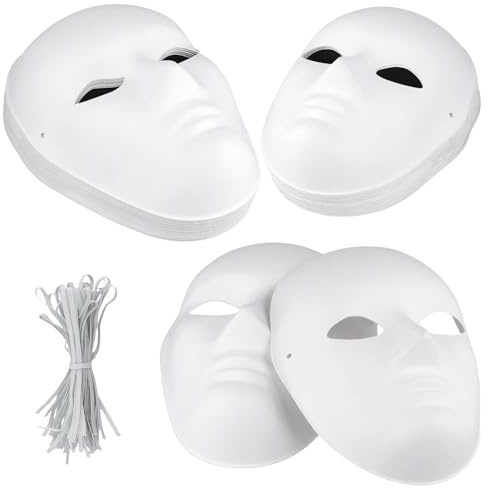 PUCSIQ Lot de 30 masques en papier blanc à peindre - Masques faciaux à peindre avec bande élastique pour le bricolage, le carnaval et Halloween - Taille femme 21 x 17 cm - Homme 24 x 18 cm