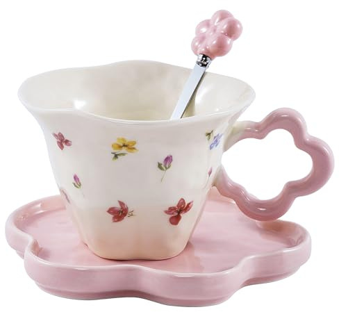 All-Pie keramiska cappuccinokoppar med fat och sked, kaffe, tekopp – 250 ml/250 g, blomform (rosa)