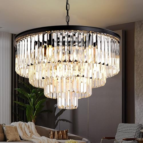 MSSIAN Schwarzer K9-Kristallkronleuchter Rund 60cm 9xE14 dimmbar Deckenlampe für Wohnzimmer Schlafzimmer Küche Eingang Foyer