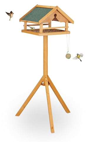 Relaxdays Casetta per Uccelli con Supporto, Tetto in Asfalto Resistente, Giardino, mangiatoia, Legno di Abete, Arancione