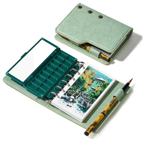 Juego de cuaderno portátil de acuarela, 13 x 7,5 cm, libro de acuarela de viaje prensado en caliente, papel 100% algodón, paleta de cerámica y pincel de agua, juego completo para pintura al aire libre