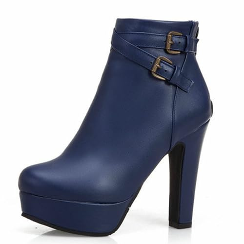 Qynthra Stivaletti con Plateau da Donna con Doppia Fibbia Tacco Largo Alto Stivaletti Eleganti per Sera Festa Club Uso Quotidiano,Blu,37 EU
