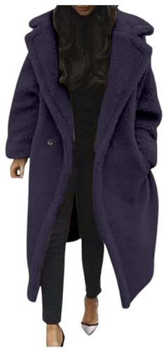 Generisch Chaqueta larga forrada de cordero para mujer, abrigo de piel de cordero sintético con bolsillos extragrandes, marine, S