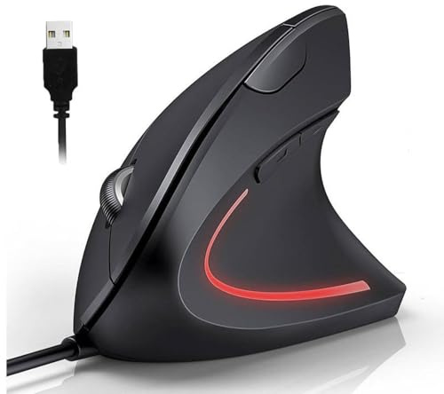 GADIRIA - Ratón Ergonómico Vertical con Cable - 6 Botones, 800 a 1600 dpi, iluminación LED - Mouse de Ordenador de Oficina, Trabajo, Empleo, Hogar y Uso Intensivo - Windows, Mac OS (con Cable USB)
