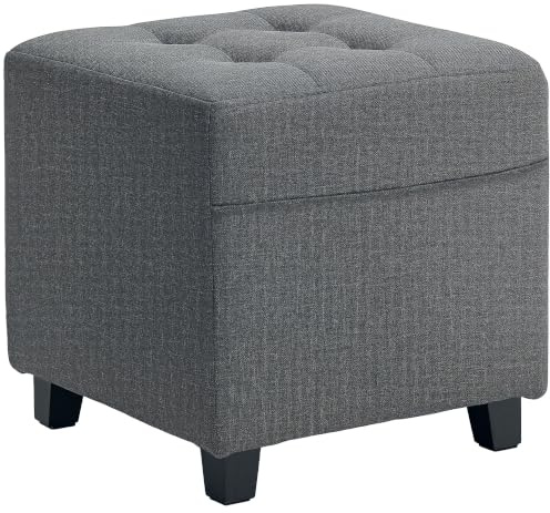 HOMCOM Repose Pied Salon, Petit Pouf Salon 35 x 35 x 35 cm Gris | Ottoman, Siège Rembourré Capitonné, Tissu Aspect Lin, Poche Latérale, Structure en Bois, pour Chambre à Coucher, Entrée