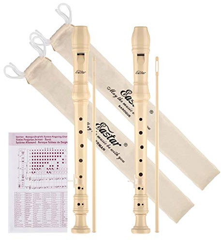 Eastar ERS-22B, Set di 2 flauti dolci soprano con diteggiatura barocca e tedesca, in do, per bambini principianti, in 3 pezzi con kit di pulizia, poggiadito, custodia in cotone, schema di diteggiatura