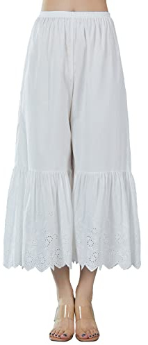 EAUTELICATE Capri Pantalon De Pyjama Femme Été Jupon sous-Jupe en 100% Coton Pantacourt Longue Ample Évasé à La Maison avec Dentelle Broderie Ivoire, XL