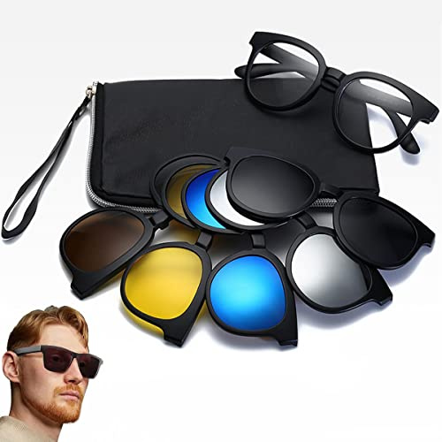 Clip lunettes de soleil polarisées,CHENKEE 5pcs Clip polarisé sur des lunettes soleil Magnétique homme/Femme Flip-Up Polarized Sun Lenses Avec cadre e sac rangement pour la conduite sportive en plein