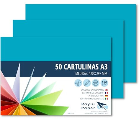 RAYLU PAPER – Tonpapier A3, 50 Stück Kartonpapier 180g/m², 297 x 420 mm, professionelle farbige Kartons für Büro, Kopierpapier, Buntes Papier zum Basteln (Türkis)