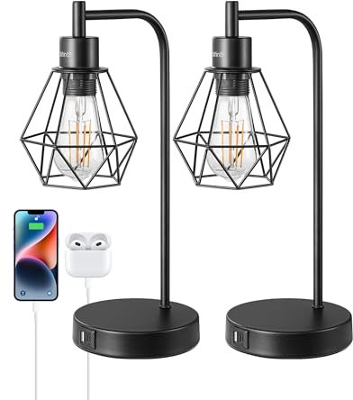 EDISHINE Bedside Lamps Set of 2, Dimmable LED Table Lamp, Diamond Cage Lampshade, USB Charging Ports, Touch Lamps for Living Room, Bedroom, E27 Socket, Bulb Included, Black
