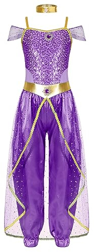 Freebily Costume Principessa Araba Bambina Vestito Danza del Ventre con Paillettes Costume Carnevale Halloween Belly Danza Costume Danzatrice Ventre Abito Travestimento Viola 13-14 Anni