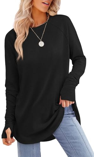 Aokosor Long Sleeve Tops Women UK Black Sweatshirts Long Tops to Wear with Leggings Tunic Jumpers Ladies Sweaters Size 18-20 Thumbholes