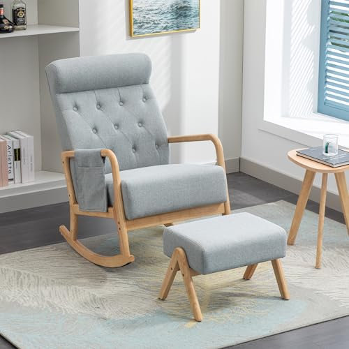 Ymkua Schaukelstuhl, Schaukelstuhl Wohnzimmer mit Hocker, Schwingsessel Armlehnsessel, Armlehnstuhl mit Kopfstütze und Fußstütze Sessel Schlafzimmer,Armchair mit Ottoman für Erwachsene Kinder (Gray)