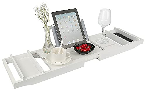 OHMG Plateau De Baignoire Extensible,Planche De Baignoire en Bambou,Support de Baignoire,Plateau De Salle De Bain Réglable pour Baignoire,Tablette De Baignoire Extensible (70-105cm*23 * 3cm（Blanc)