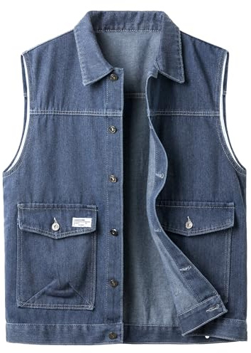 Yukirtiq Homme Gilet en Jeans Vintage Veste sans Manches en Jean Rétro Biker Gilet en Denim de Moto avec Poches, Bleu, XL