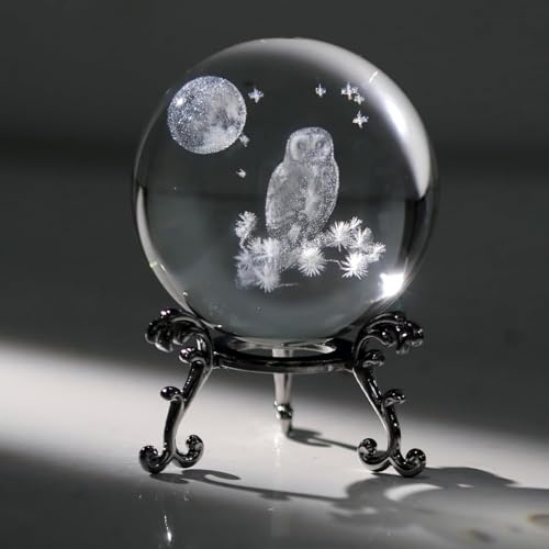3D Cute Owl Crystal Ball Gifts for Women Girlfriend, Crystal Decorative Ball Engraved Owl Figurine Paperweight with Metal Base for Home Office Decoration for Birthday Christmas